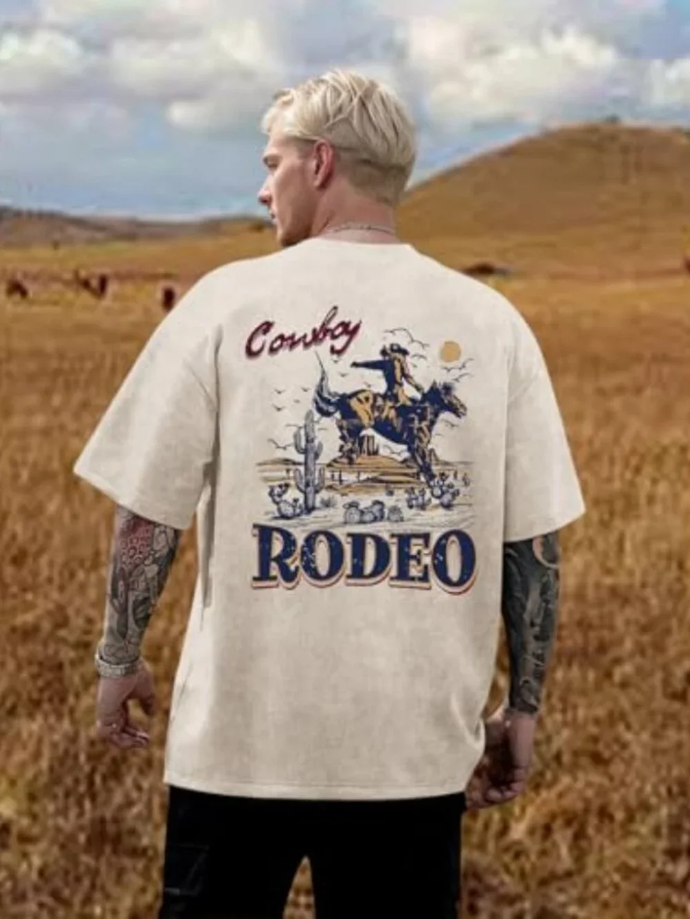 Vintage Cowboy Rodeo Graphic Tee - Acid Wash Oversized Western T-Shirt
